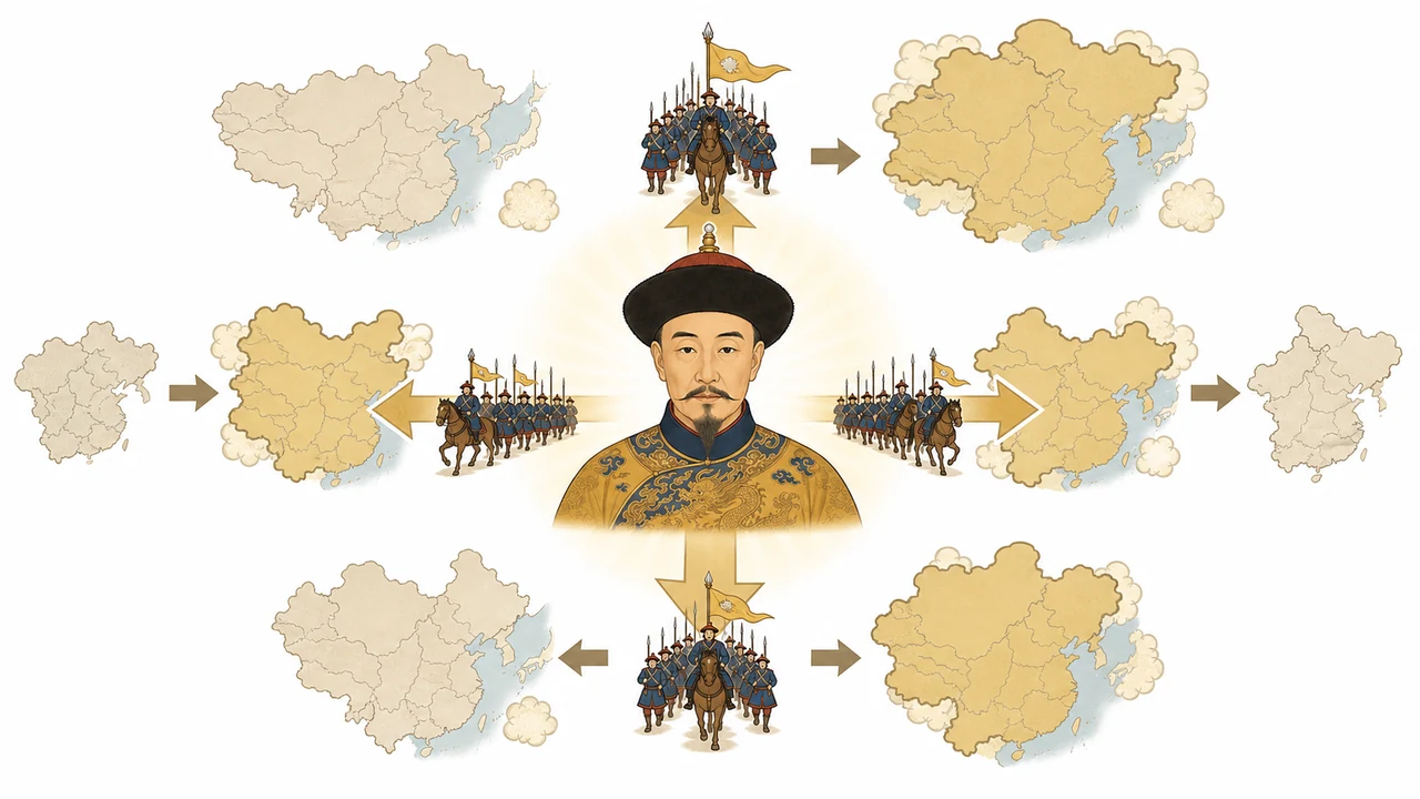 図解:乾隆帝が中心に立ち、東西南北に矢印(軍隊)を飛ばすと、清の領土がモコモコと大きくなっていく様子