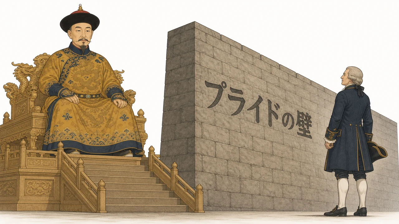 図解:高い玉座から見下ろす巨大な乾隆帝と、ひざまずくことを拒んで立ち尽くす小さなマカートニー