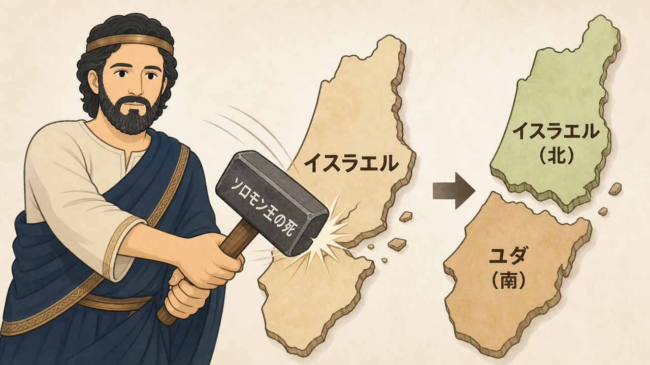 図解:1枚の「イスラエル」と書かれた地図が、ソロモン王の死というハンマーで叩かれ、「イスラエル(北)」と「ユダ(南)」にパカッと割れる様子