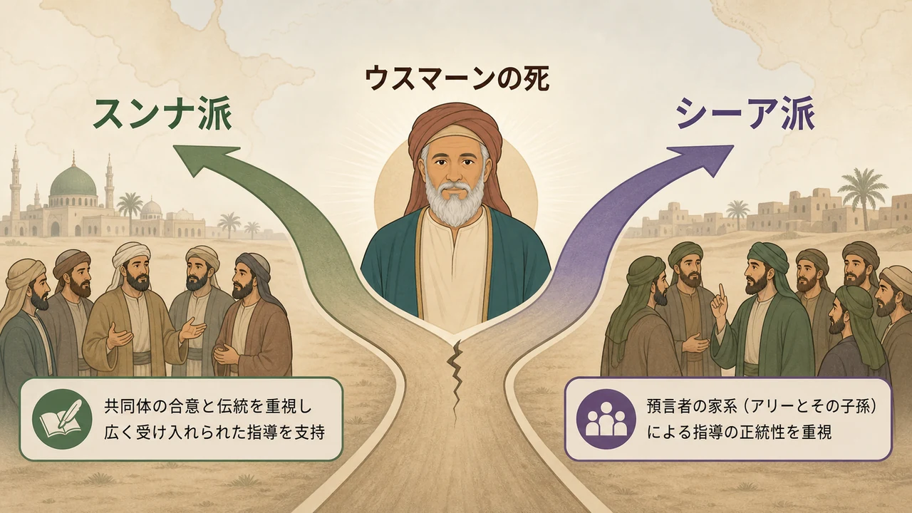 図解:ウスマーンの死という大きな分岐点から、一本の道が「スンナ派」と「シーア派」の二手にパカッと分かれていく様子