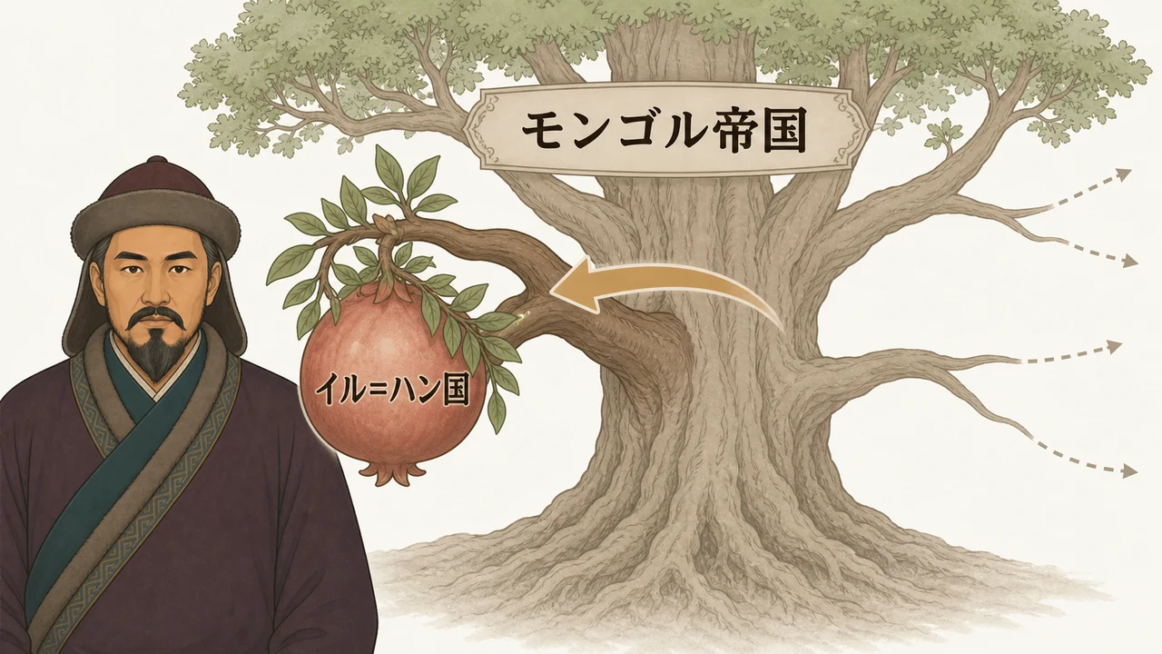 図解:モンゴル帝国という巨大な木から、西側へ伸びた太い枝が「イル=ハン国」という立派な実を結んでいる様子