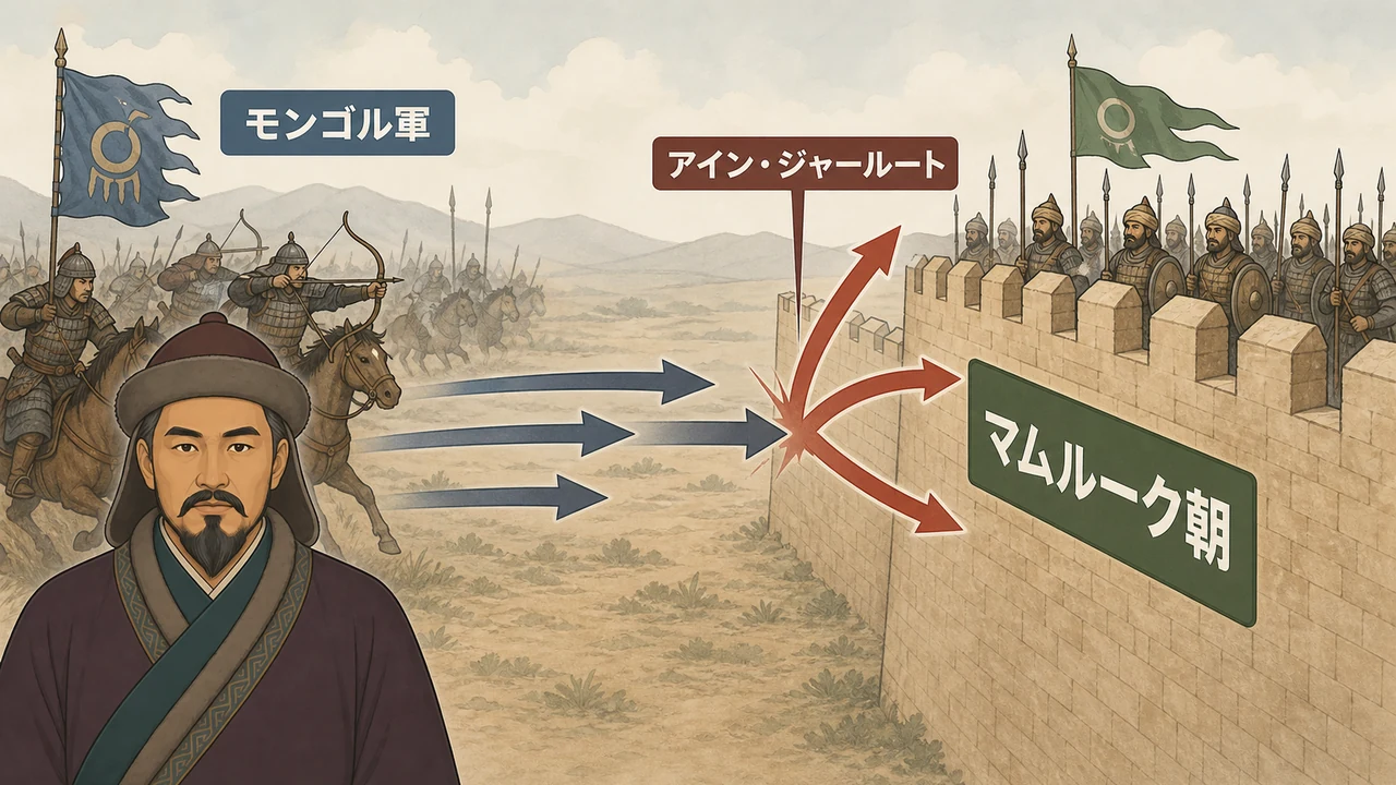 図解:進撃するモンゴル軍の矢印が、アイン・ジャールートという地点で「マムルーク朝」という高い壁に跳ね返されている様子