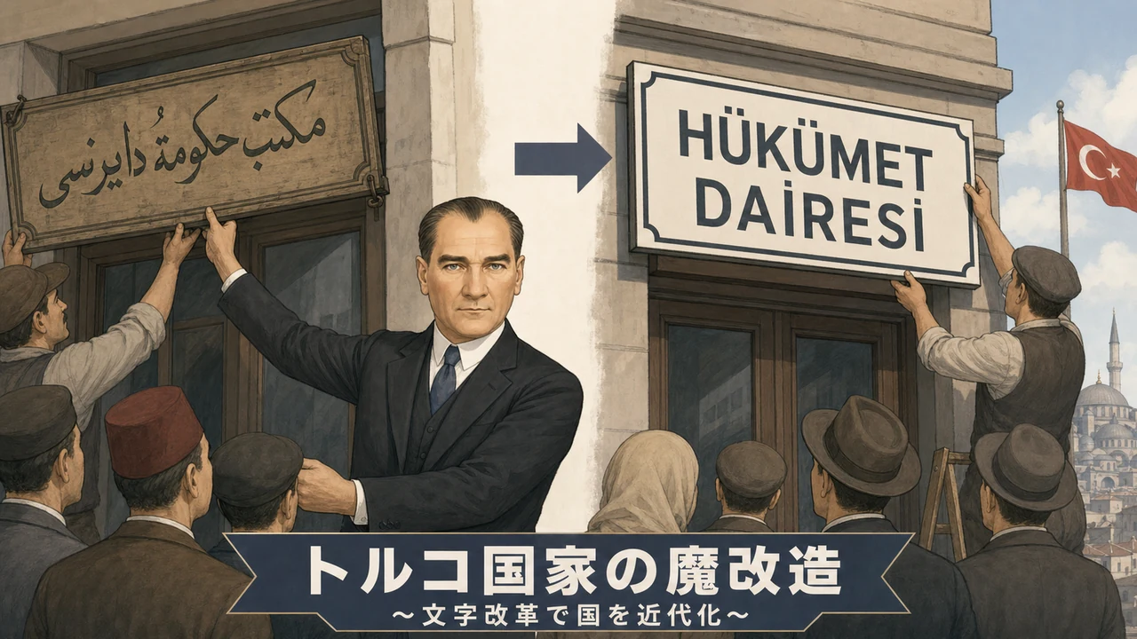 図解:難解なアラビア文字が書かれた古い看板をケマルが取り外し、読みやすいアルファベットの看板に架け替えているトルコ国家の魔改造の様子