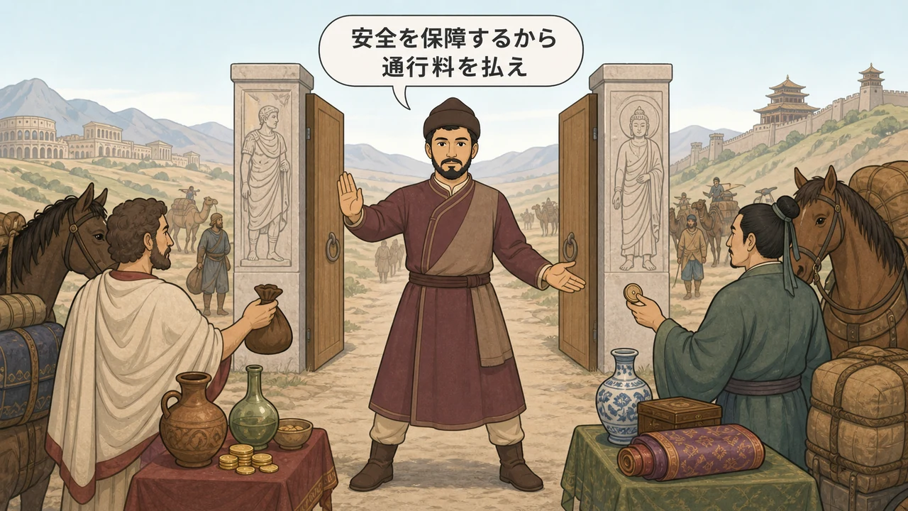 図解:カニシカ王が北インドと中央アジアをまたいで仁王立ちし、西から来るローマ商人と東から来る中国商人に「安全を保障するから通行料を払え」とゲートを開けている図