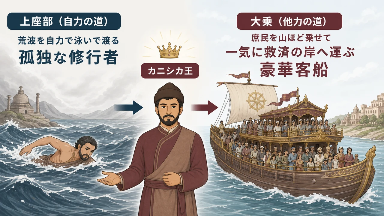 図解:「荒波を自力で泳いで渡る孤独な修行者(上座部)」と、カニシカ王が用意した「庶民を山ほど乗せて一気に救済の岸へ運ぶ豪華客船(大乗)」の比較イメージ図