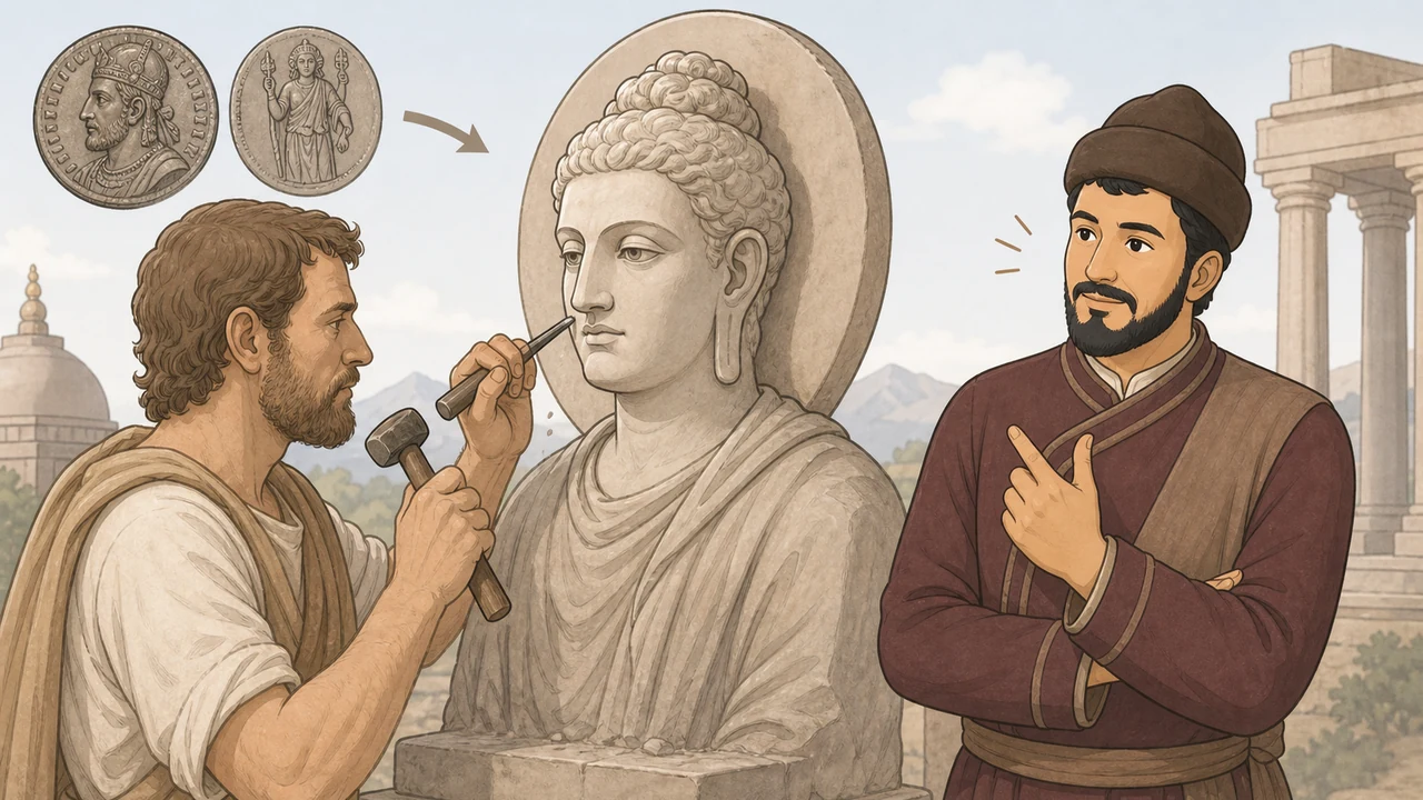 図解:西洋の彫刻家がノミを持って、アポロン神のような高い鼻の仏像を仕上げている横で、カニシカ王が「これこれ、このイケメンぶりだよ!」と満足そうに頷いている、文化融合の現場図