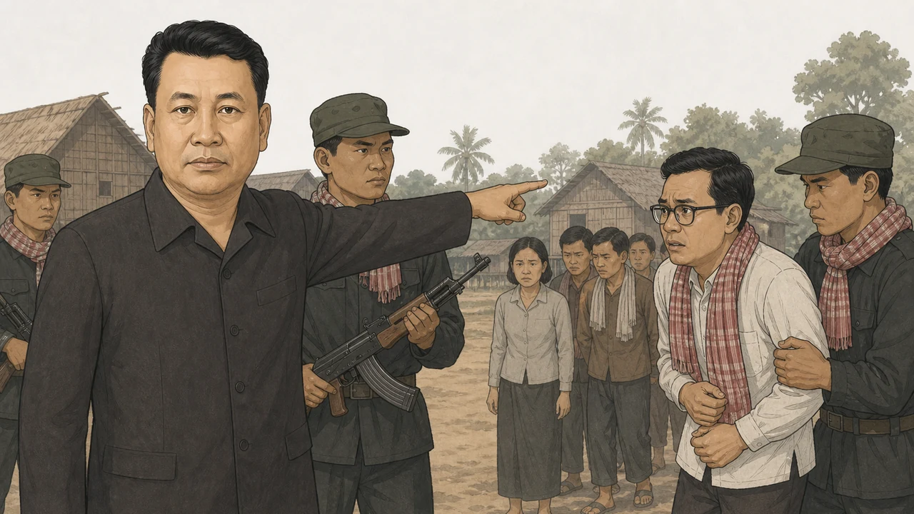 図解:監視するクメール・ルージュ兵士が、眼鏡をかけているただそれだけの理由で市民を指さし、連行しようとしている恐怖の構図